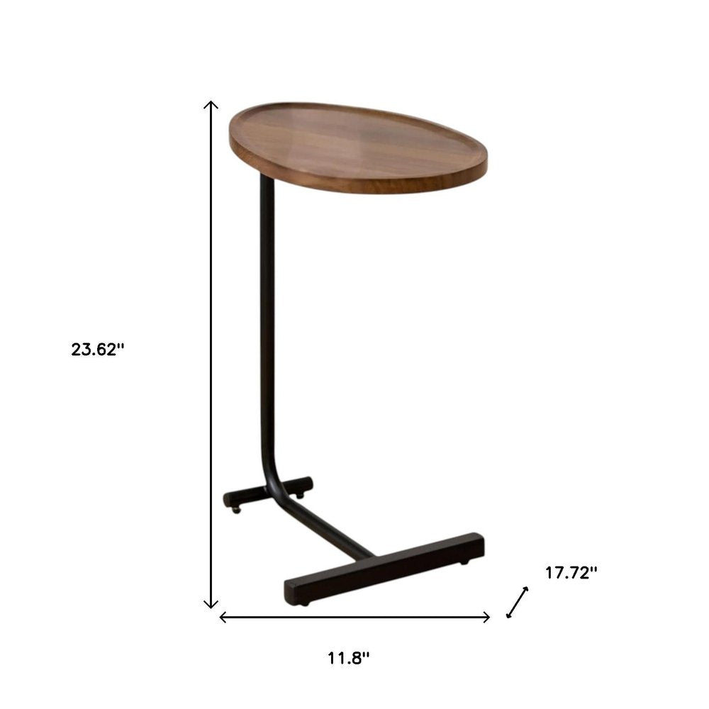 Set of Two Brown and Black Wood and Metal Oval End Tables on a white background