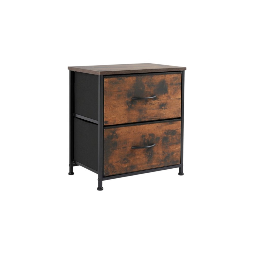 Brown two-drawer nightstand with wood-look drawer fronts and black metal frame on a white background.