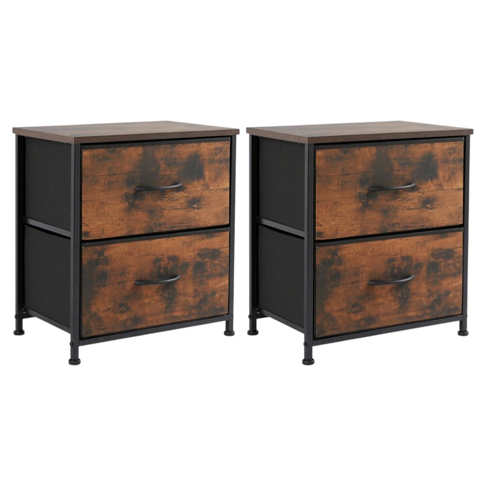 Set of Two 20" Brown Iron and Wood Two Drawer Nightstand