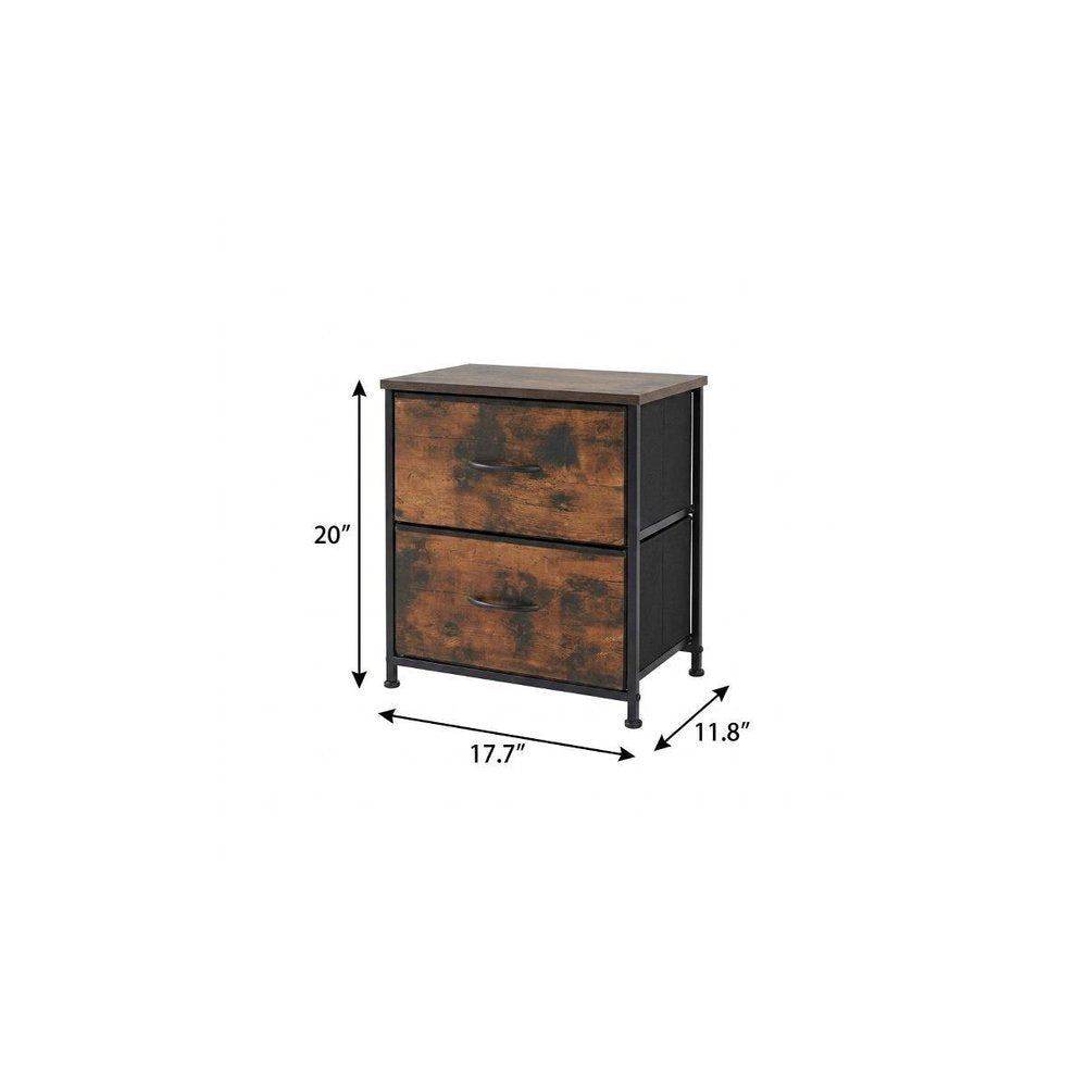 Set of Two 20" Brown Iron and Wood Two Drawer Nightstand on a white background