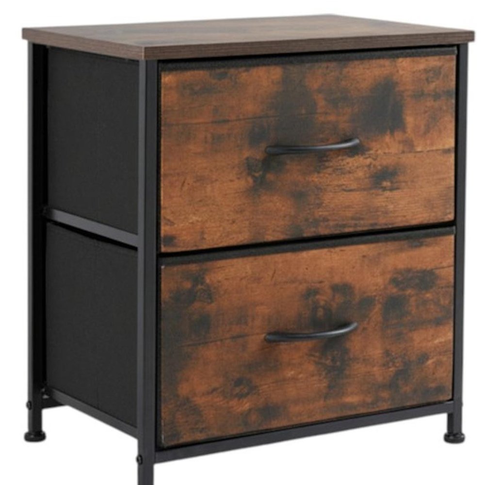 Set of Two 20" Brown Iron and Wood Two Drawer Nightstand