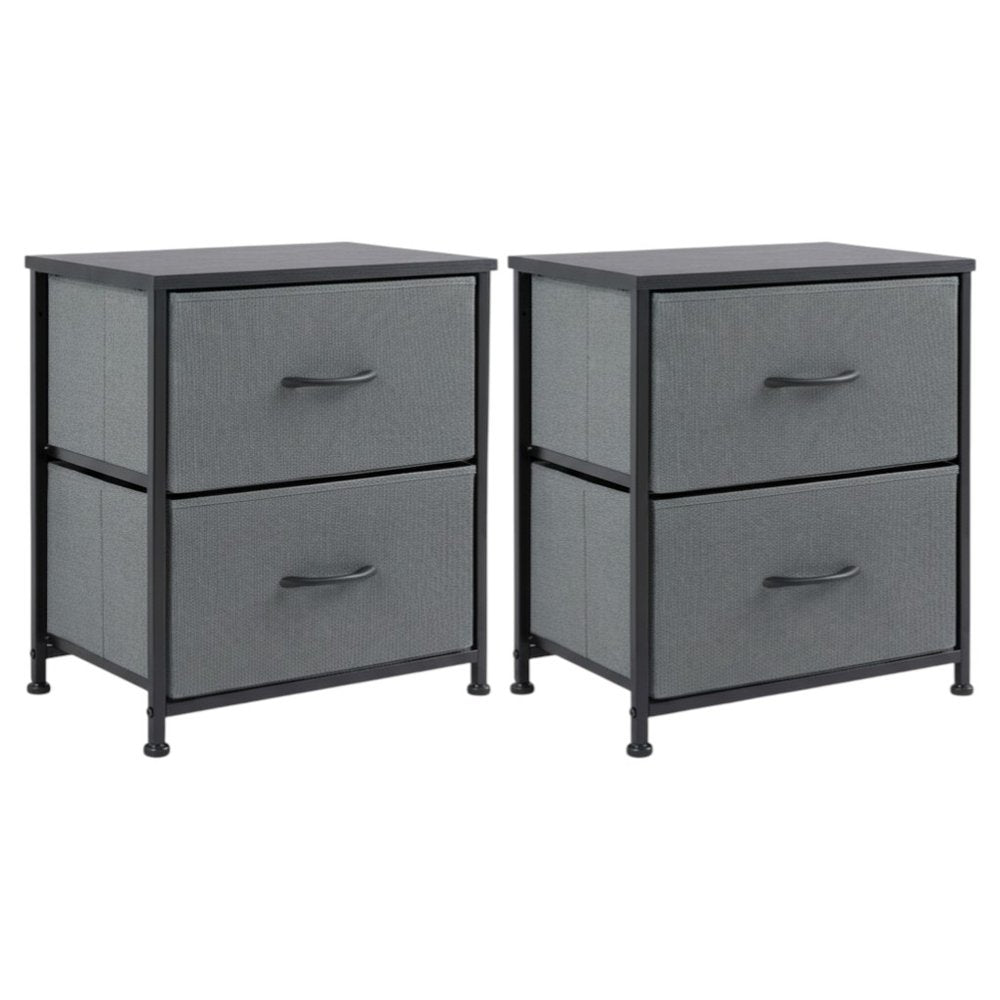 Two gray fabric drawer nightstands with black metal frames and wood tops on a white background.