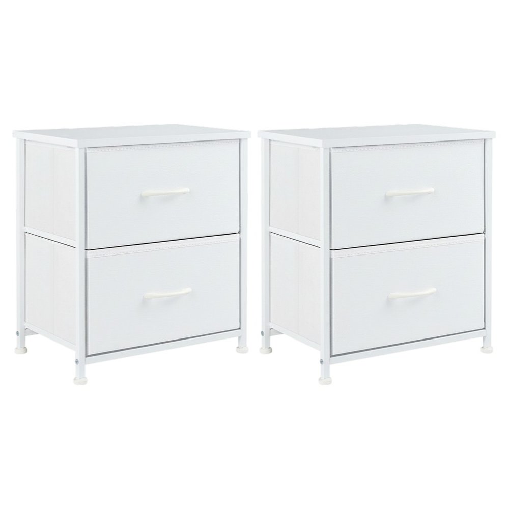 Two white fabric drawer nightstands with white metal frames and white handles on a white background.