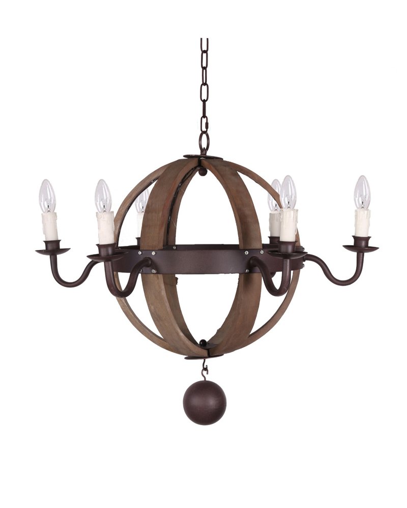 Brown And Black Wood and Metal Sphere Six Light Dimmable Chandelier on a white background