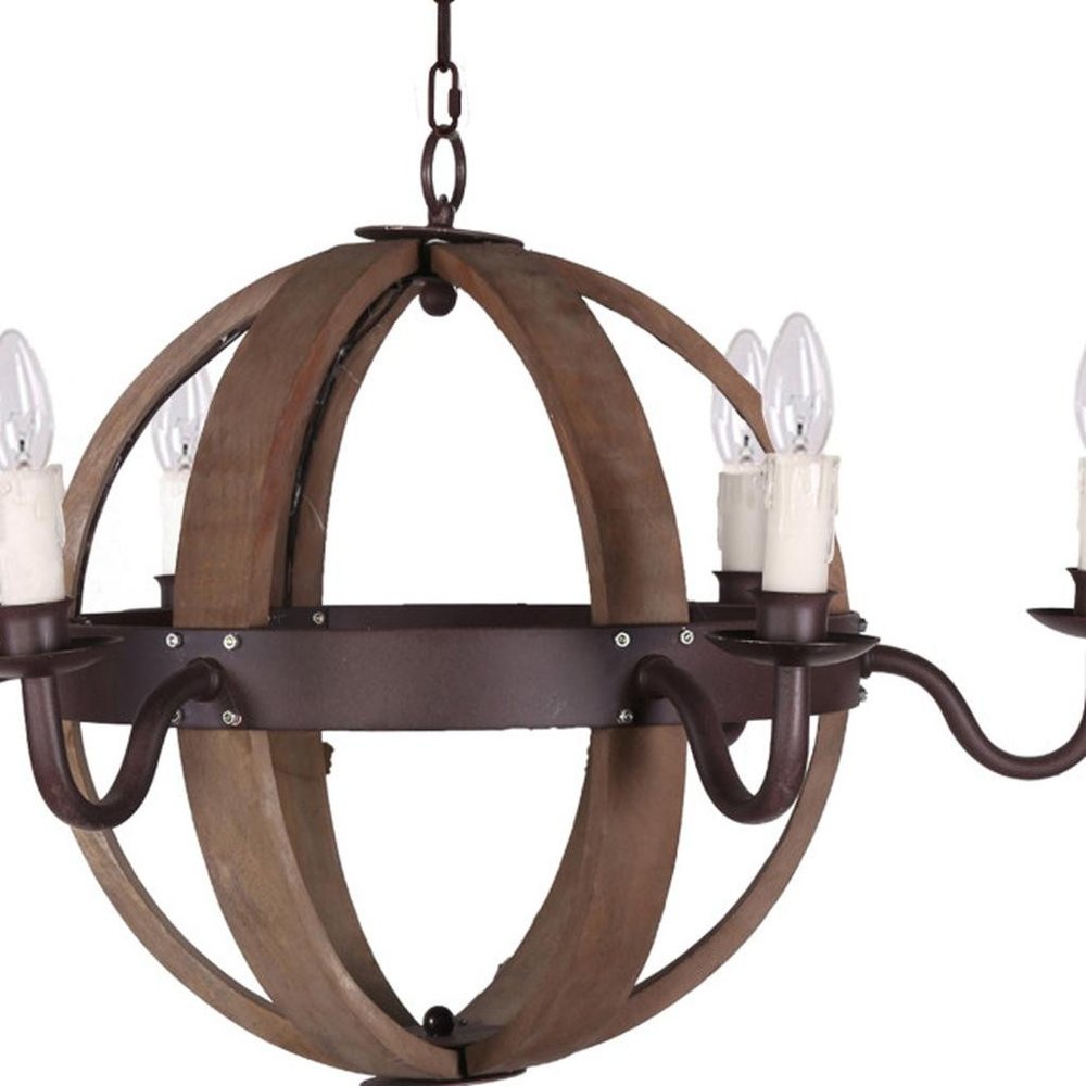 Brown And Black Wood and Metal Sphere Six Light Dimmable Chandelier on a white background