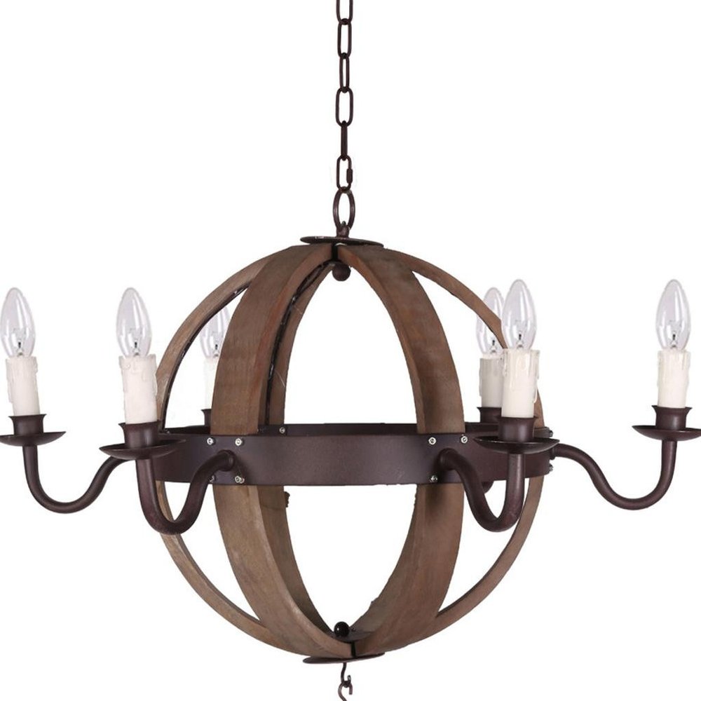 Brown And Black Wood and Metal Sphere Six Light Dimmable Chandelier on a white background
