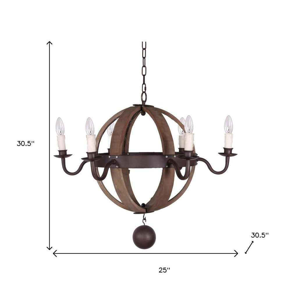 Brown And Black Wood and Metal Sphere Six Light Dimmable Chandelier on a white background
