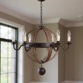 Brown And Black Wood and Metal Sphere Six Light Dimmable Chandelier in a home interior