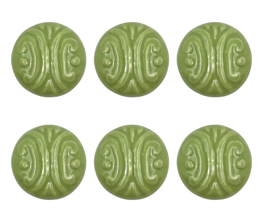 Set of Six Green Mushroom Knob Embossed Ceramic Drawer Pull Knobs on a white background