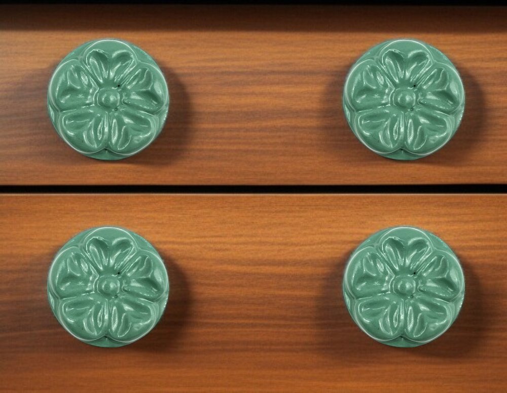 Set of Six Green Mushroom Knob Floral Ceramic Drawer Pull Knobs