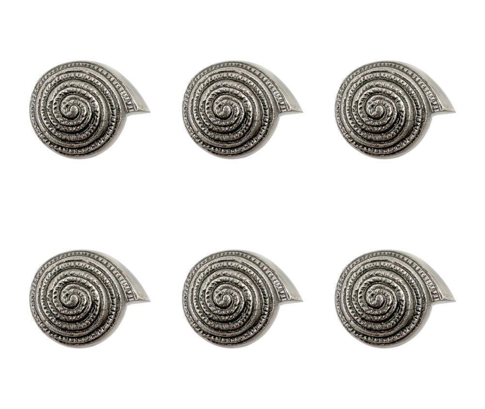 Set of Six Silver Novelty Knob Seashell Cast Aluminum Drawer Pull Knobs on a white background