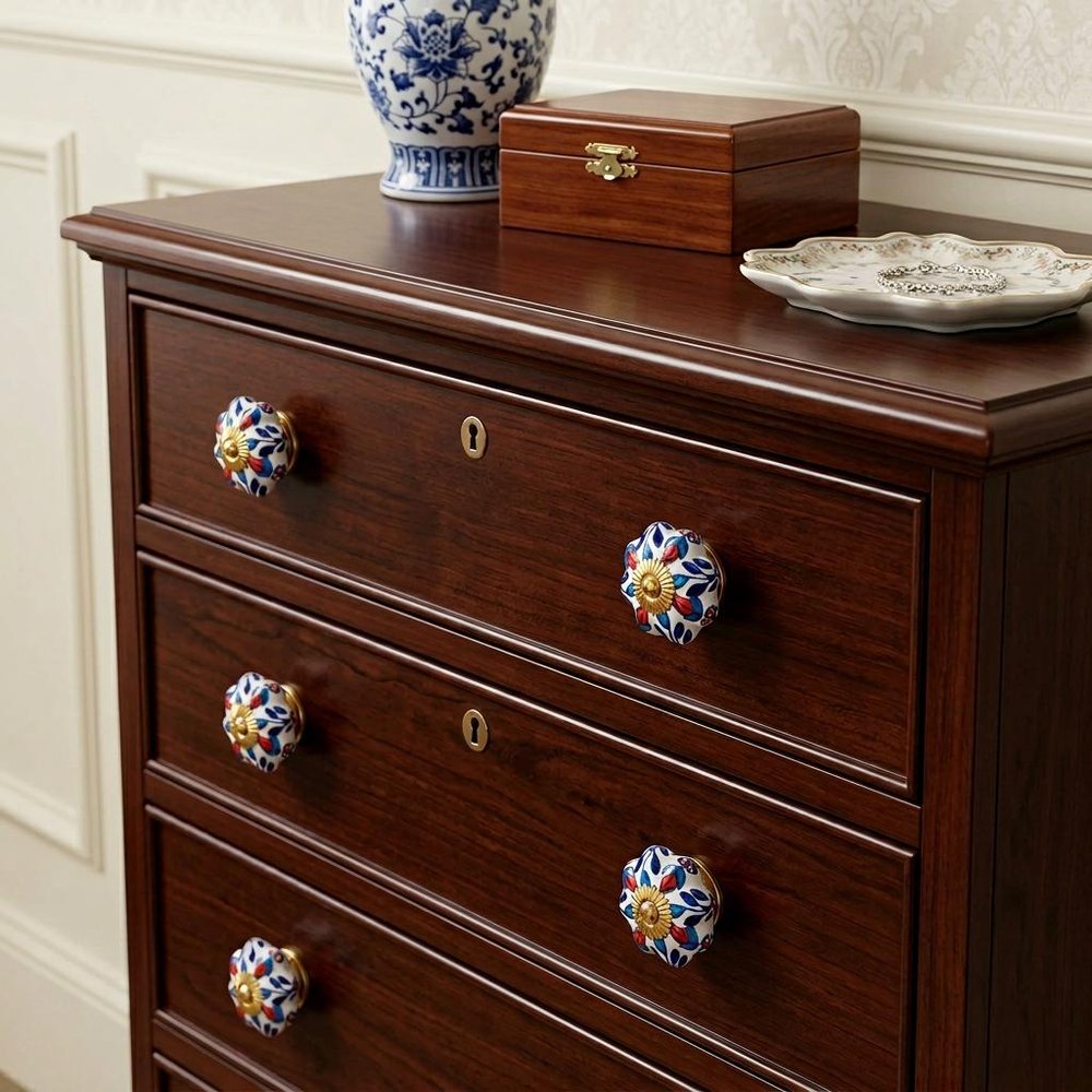 Set of Six Blue Red And White Floral Knob Ceramic Drawer Pull Knobs