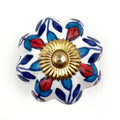 Set of Six Blue Red And White Floral Knob Ceramic Drawer Pull Knobs on a white background