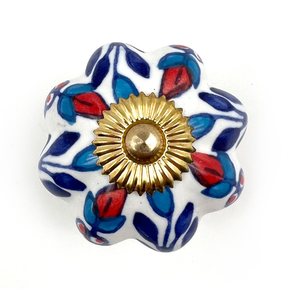 Set of Six Blue Red And White Floral Knob Ceramic Drawer Pull Knobs on a white background
