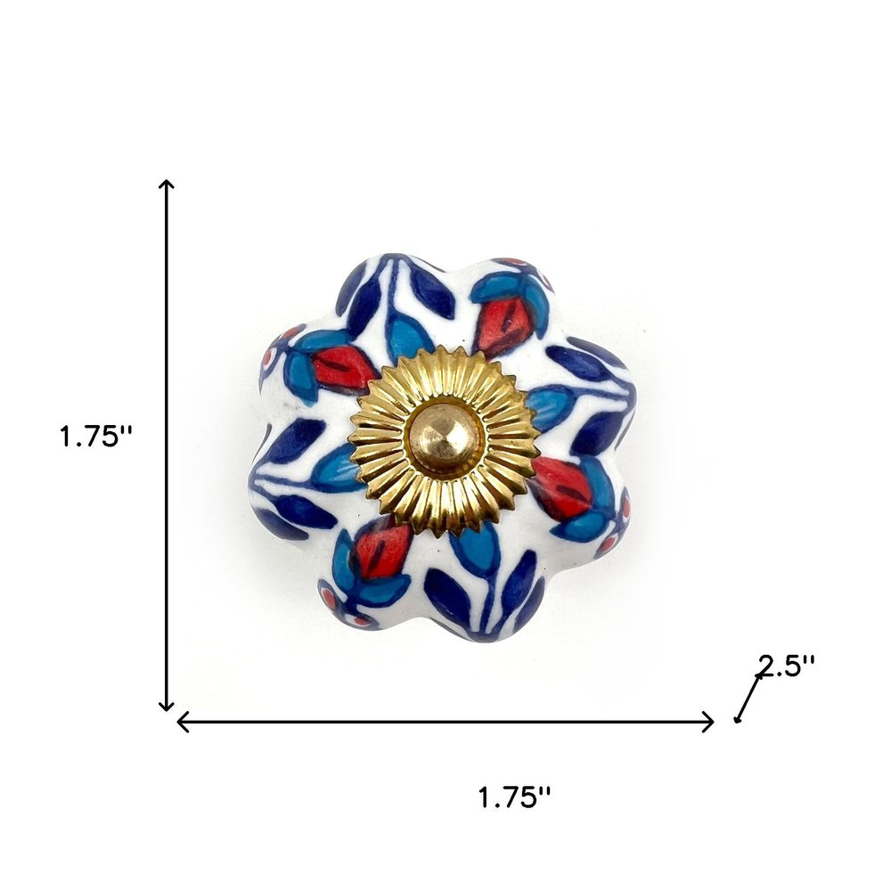 Set of Six Blue Red And White Floral Knob Ceramic Drawer Pull Knobs on a white background