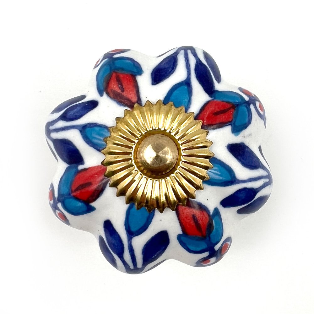Set of Six Blue Red And White Floral Knob Ceramic Drawer Pull Knobs on a white background