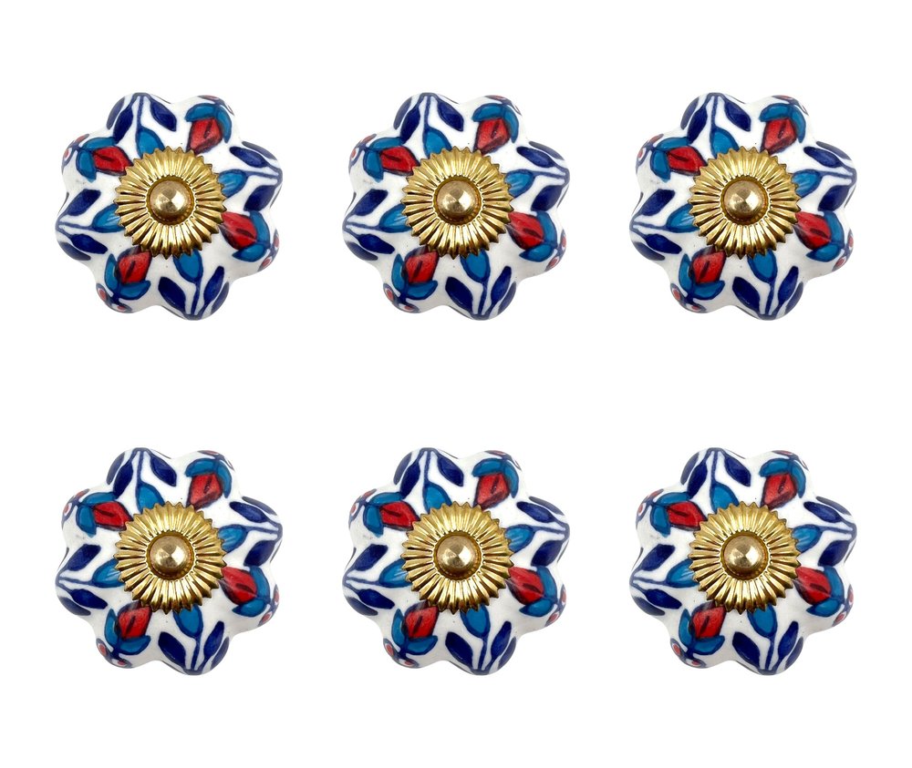 Set of Six Blue Red And White Floral Knob Ceramic Drawer Pull Knobs on a white background
