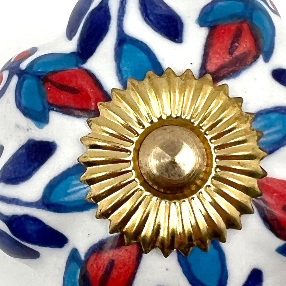 Set of Six Blue Red And White Floral Knob Ceramic Drawer Pull Knobs close-up detail