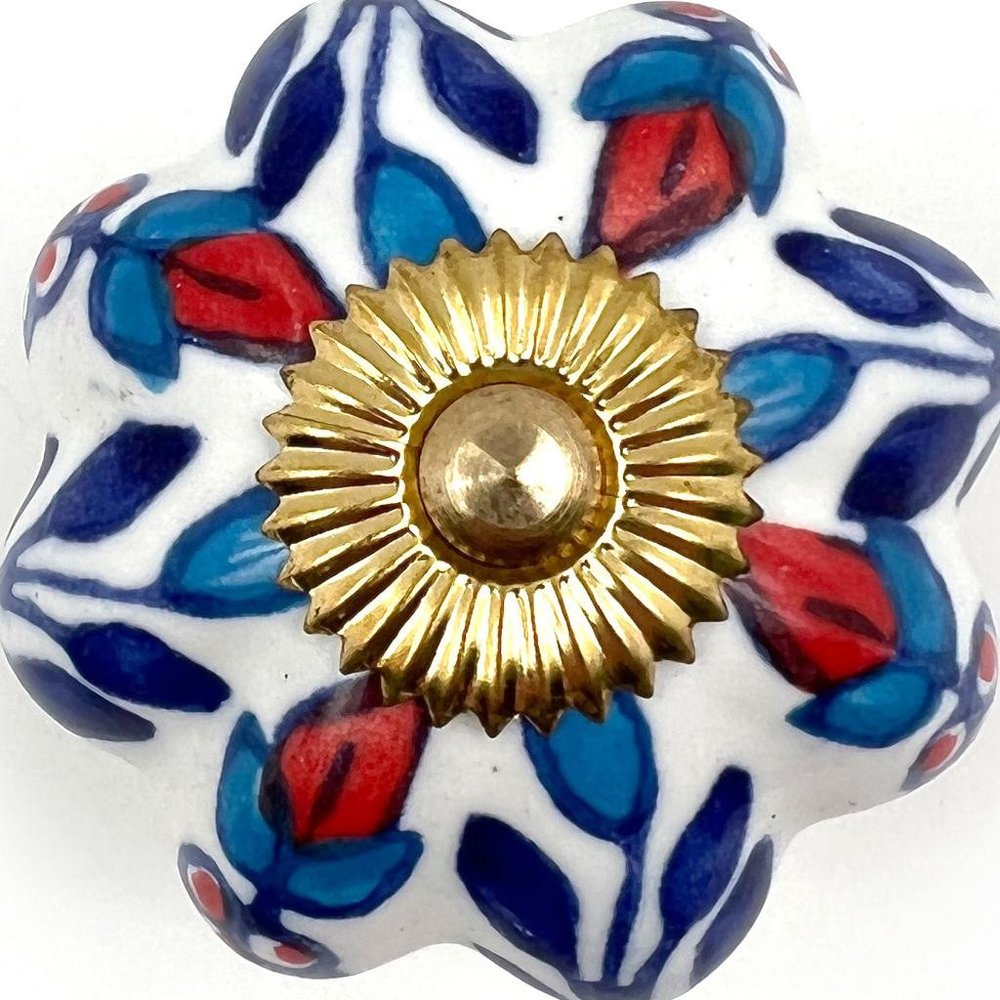 Set of Six Blue Red And White Floral Knob Ceramic Drawer Pull Knobs on a white background