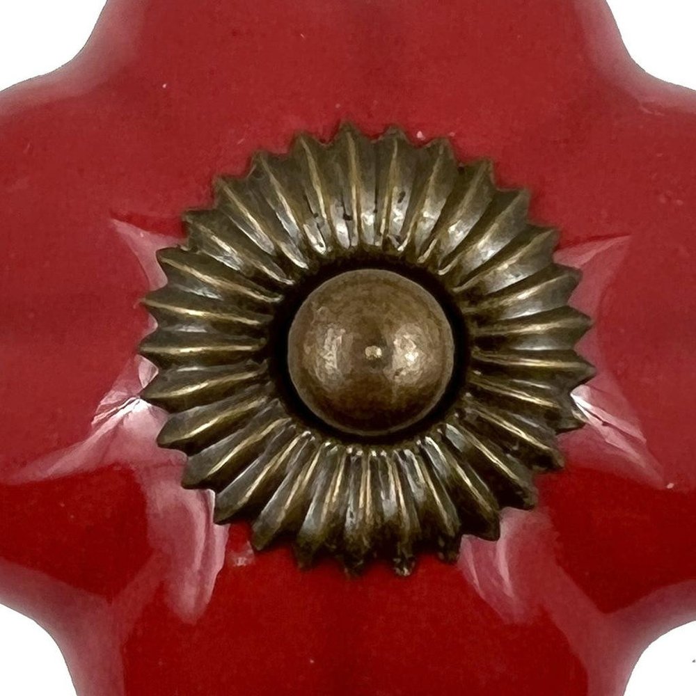 Set of Six Red Floral Knob Ceramic Drawer Pull Knobs