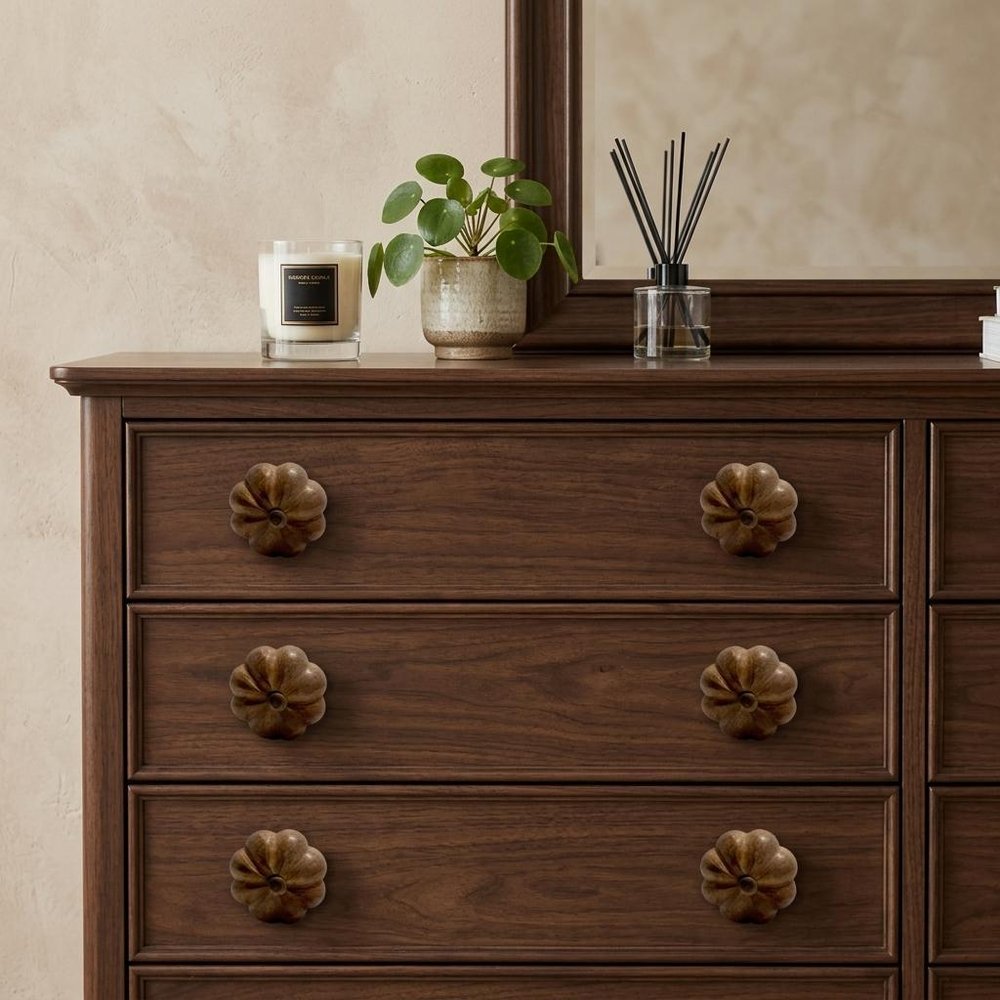 Set of Six Brown Floral Knob Wood Drawer Pull Knobs