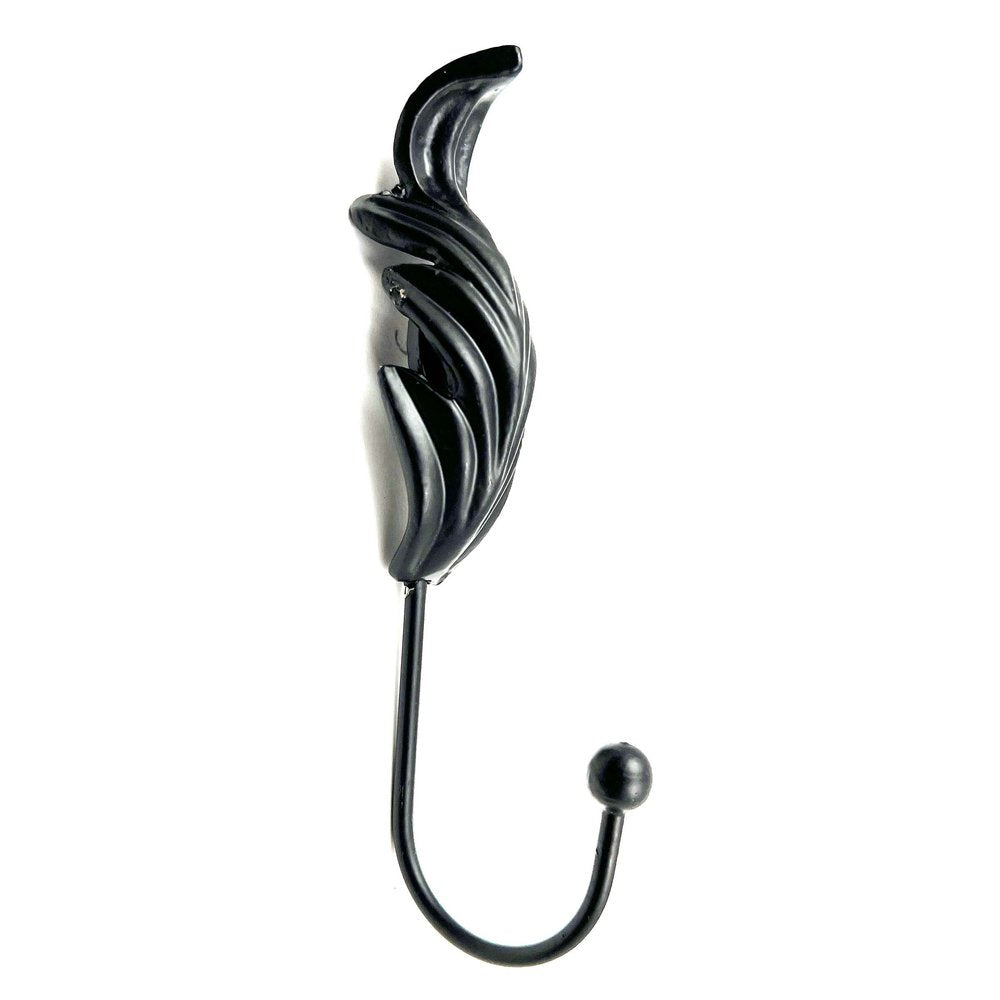 Set of Six Black Steel Feather Wall Hooks on a white background