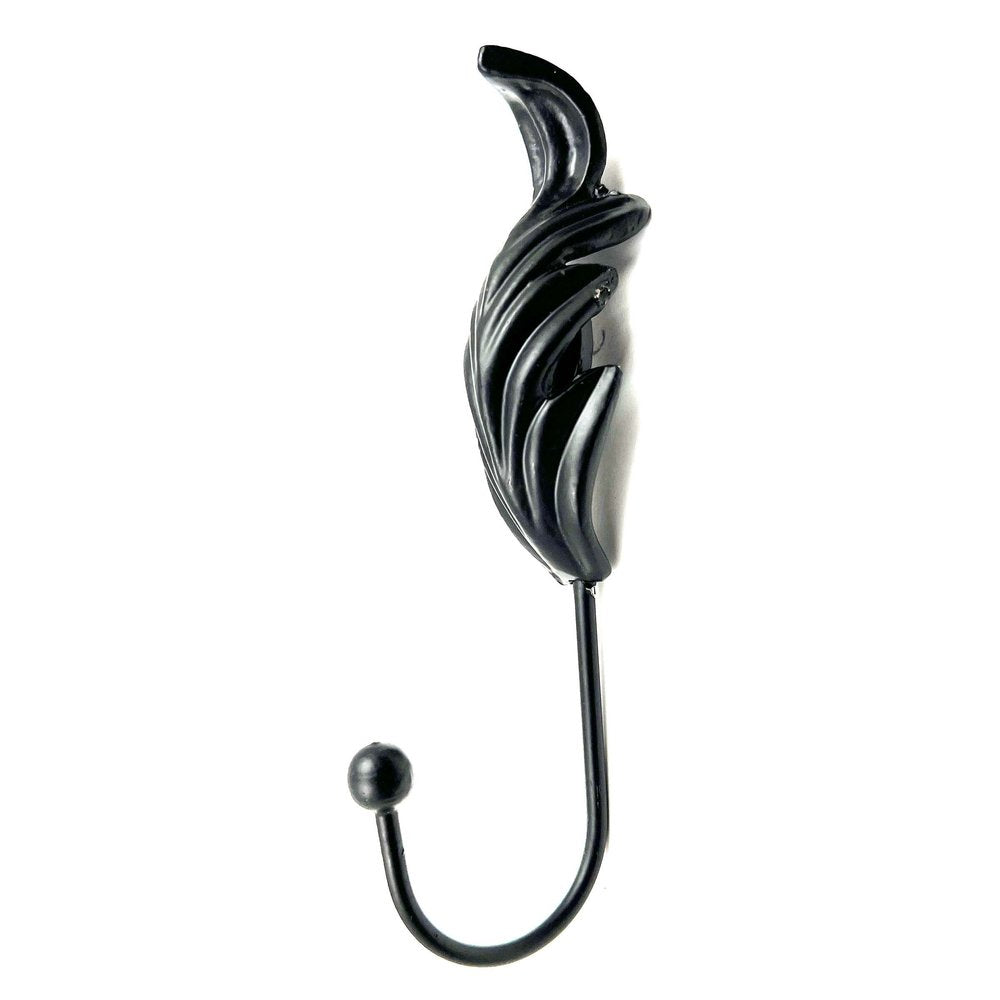 Set of Six Black Steel Feather Wall Hooks on a white background