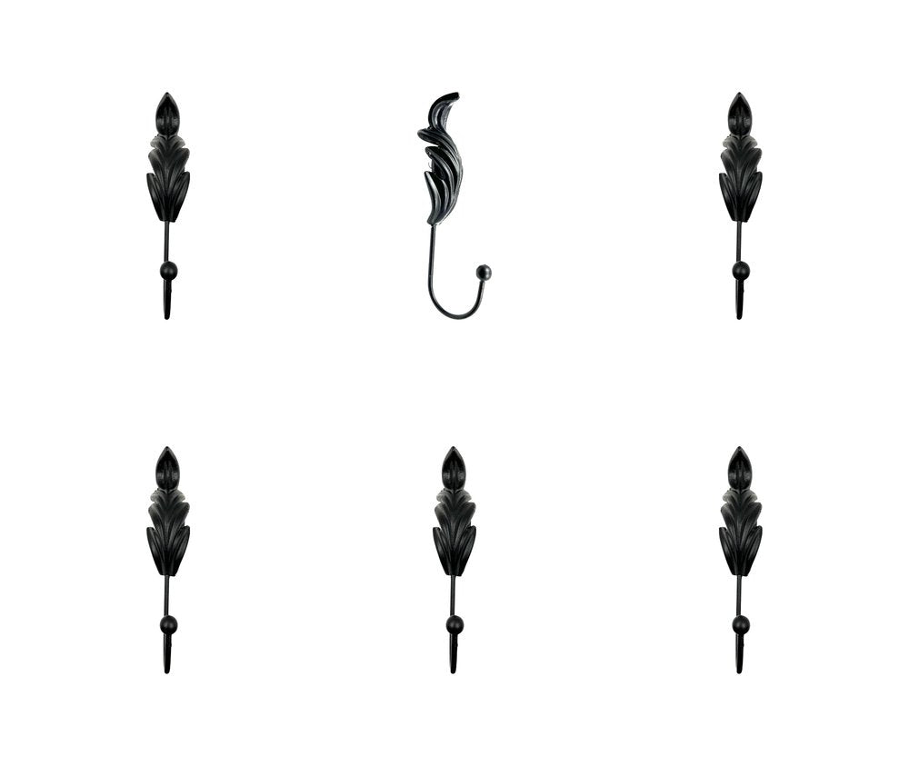 Set of Six Black Steel Feather Wall Hooks on a white background