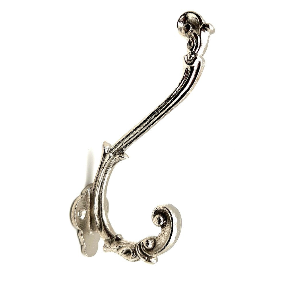 Set of Six Silver Cast Iron Baroque Scroll Wall Hooks on a white background