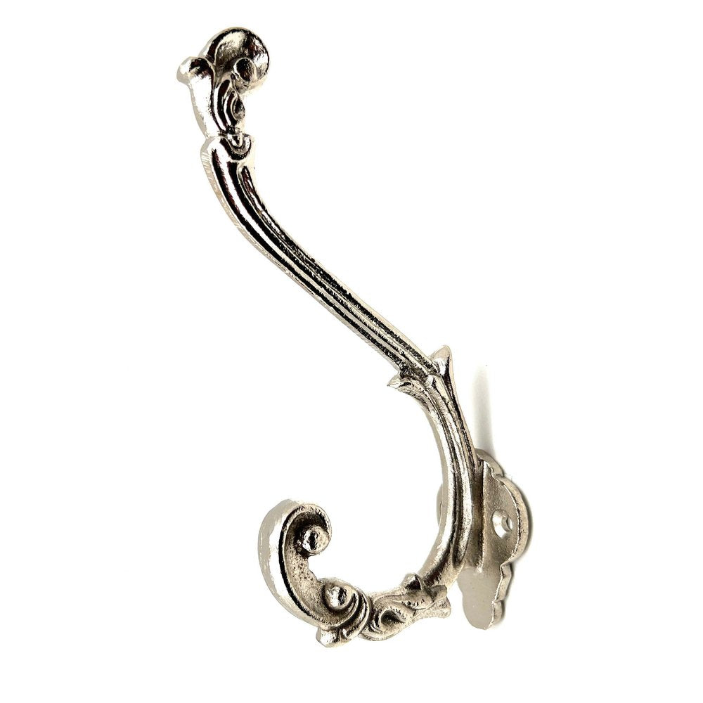 Set of Six Silver Cast Iron Baroque Scroll Wall Hooks on a white background