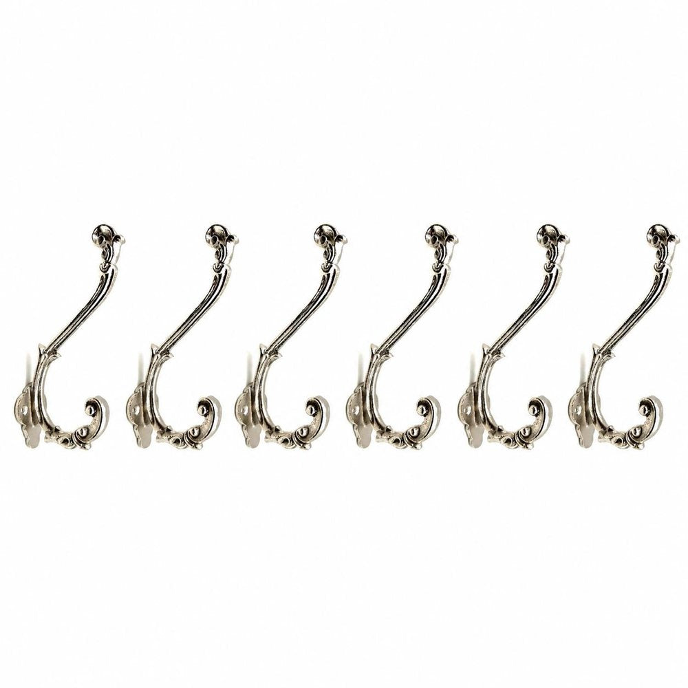 Set of Six Silver Cast Iron Baroque Scroll Wall Hooks on a white background