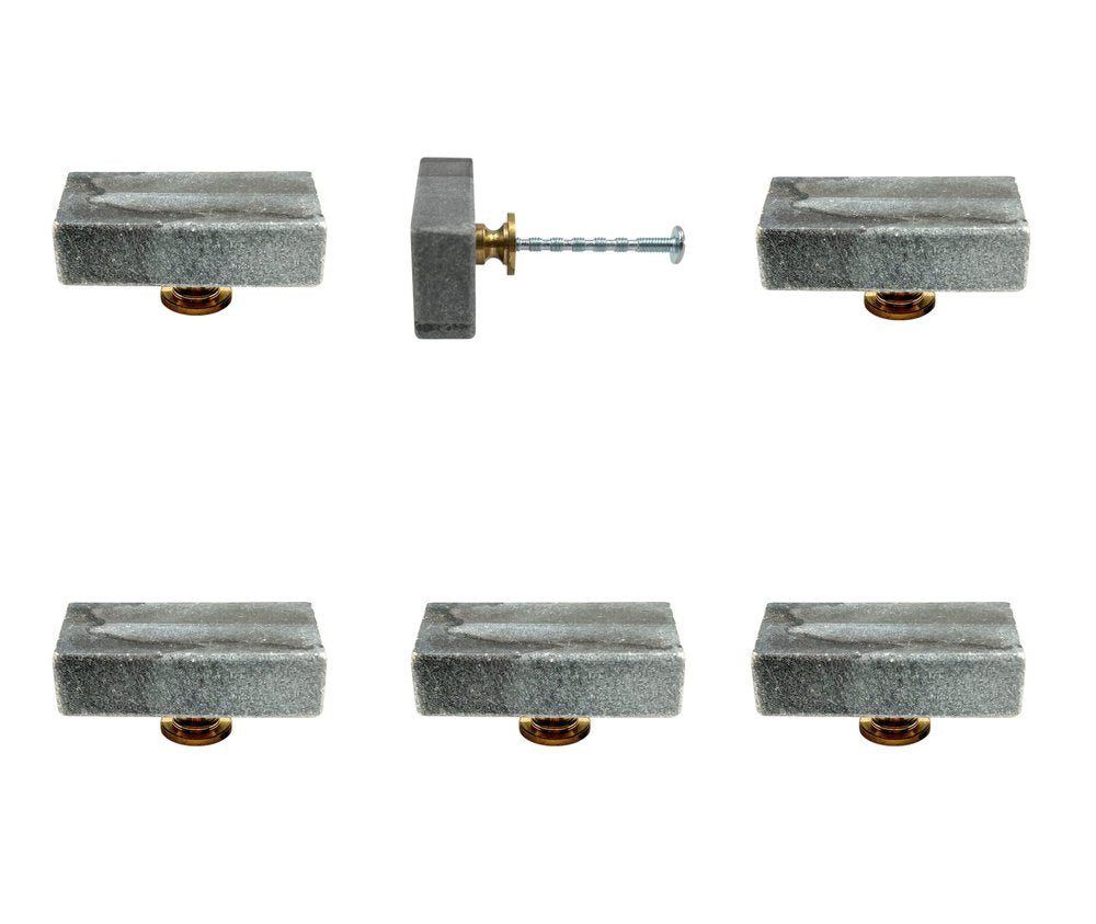 Set of Six Gray Rectangle Knob Stone Drawer Pull Knobs on a white background