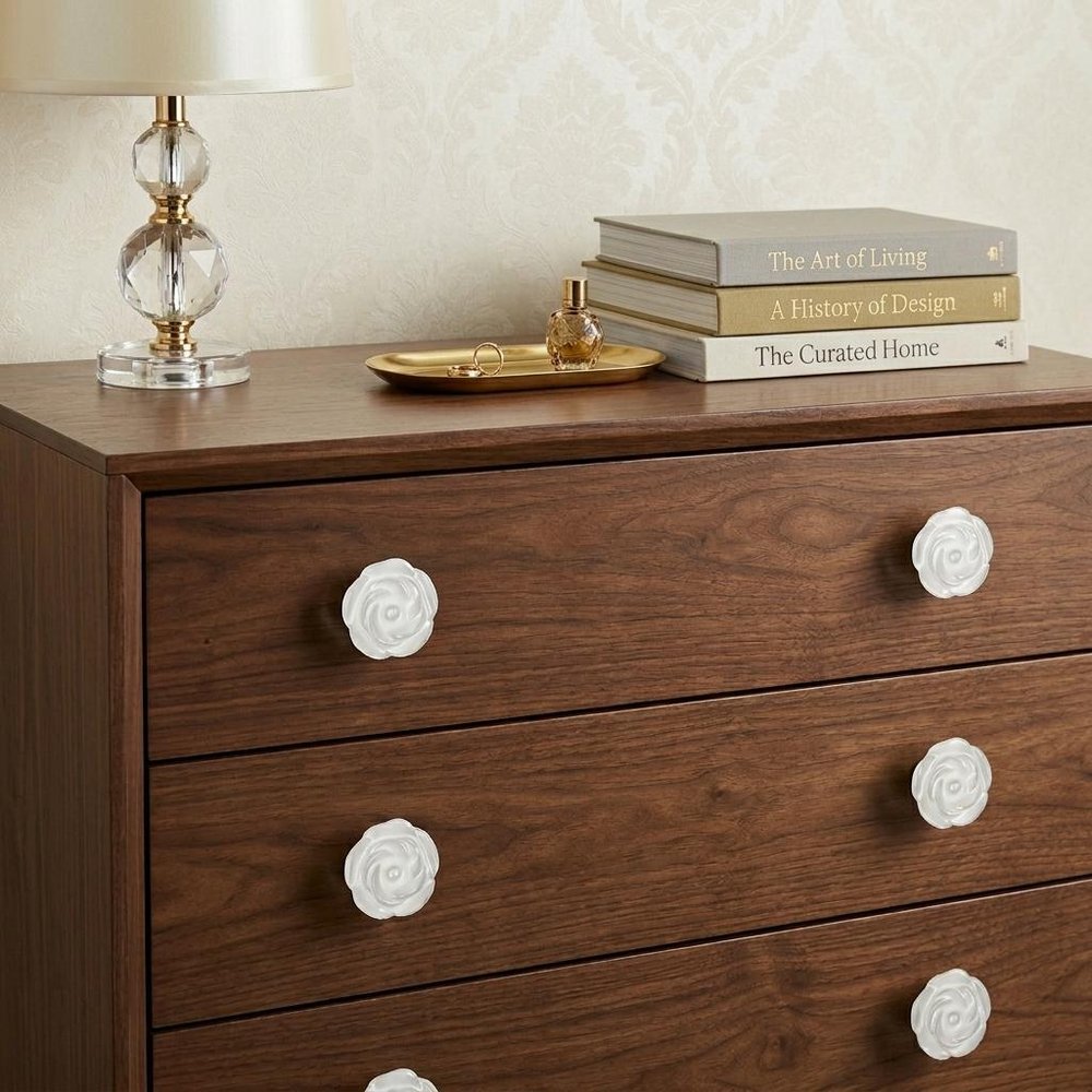Set of Six White Ceramic Flower Shape Drawer Pull Knobs