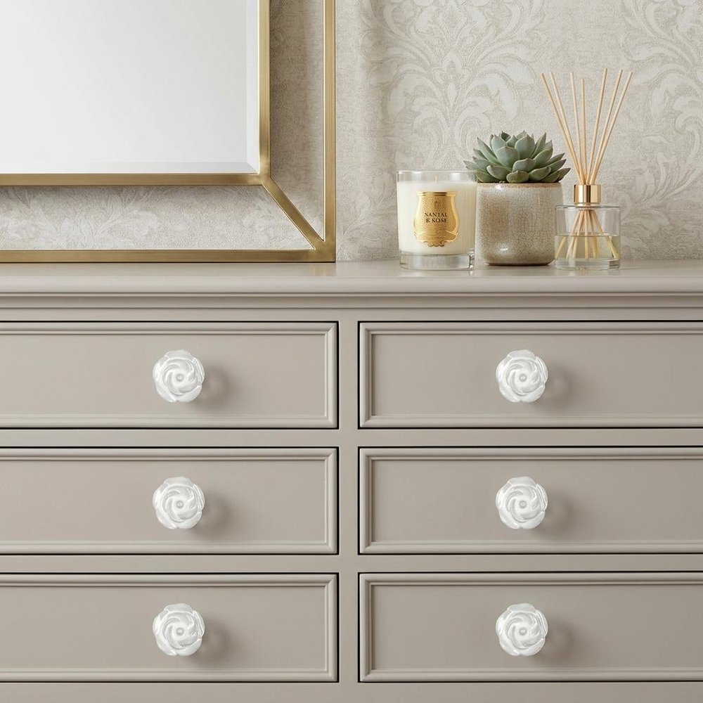 Set of Six White Ceramic Flower Shape Drawer Pull Knobs