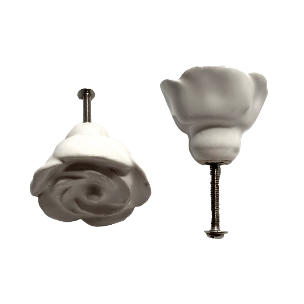 Set of Six White Ceramic Flower Shape Drawer Pull Knobs on a white background