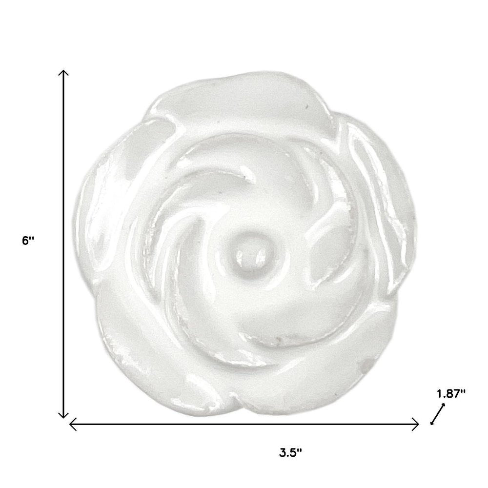 Set of Six White Ceramic Flower Shape Drawer Pull Knobs on a white background