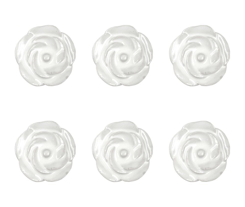 Set of Six White Ceramic Flower Shape Drawer Pull Knobs on a white background