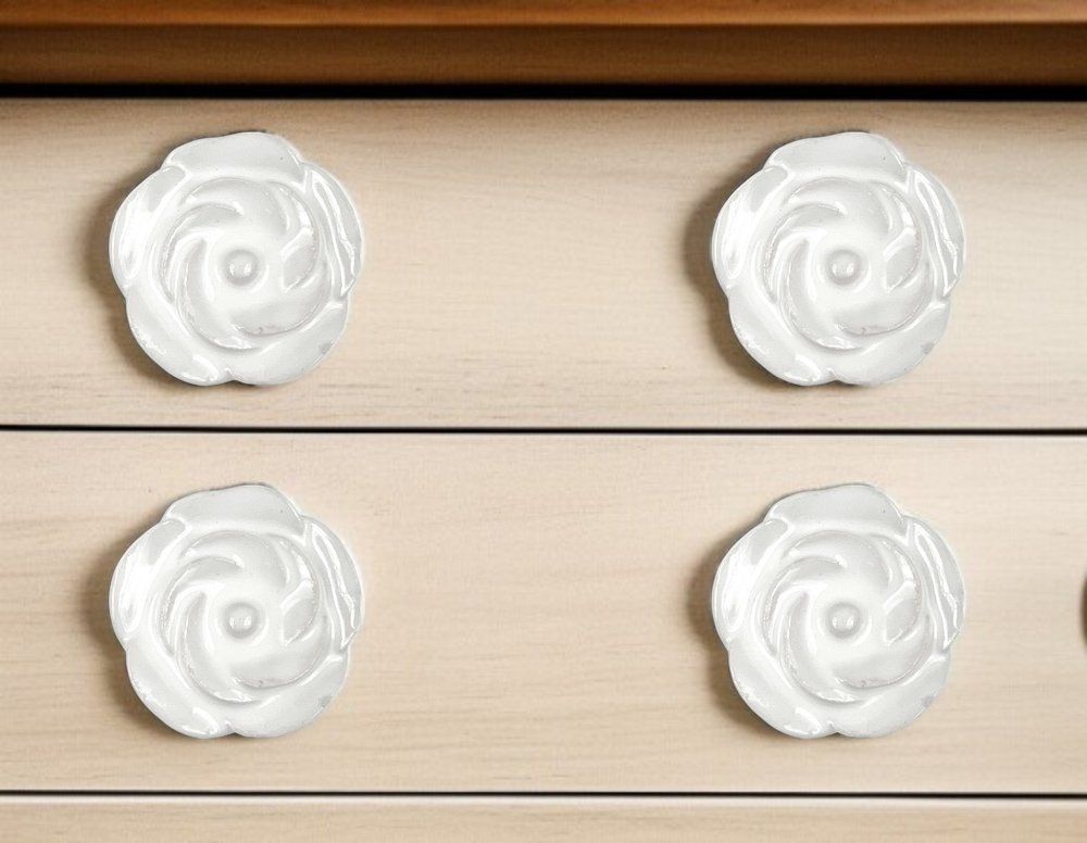 Set of Six White Ceramic Flower Shape Drawer Pull Knobs in a home interior