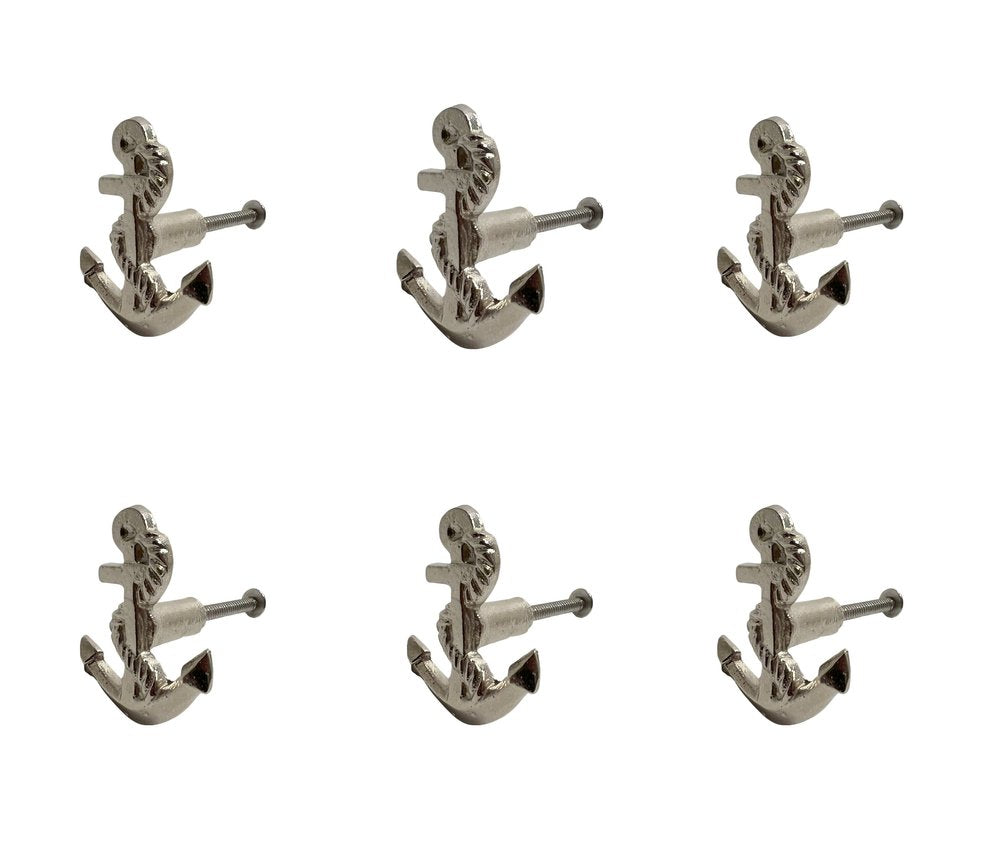 Set of Six Silver Nautical Anchor Knob Metal Drawer Pull Knobs