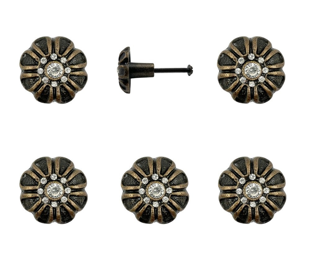 Set of Six Black And Gold Scalloped Knob Iron Drawer Pull Knobs on a white background