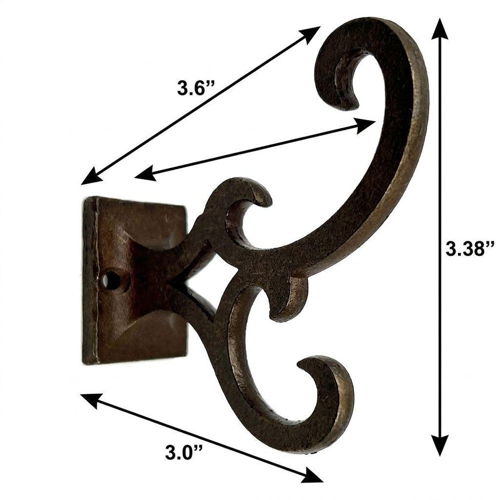 Set of Six Antiqued Bronze Cast Iron Scroll Wall Hooks on a white background