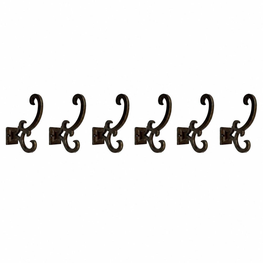 Set of Six Antiqued Bronze Cast Iron Scroll Wall Hooks on a white background