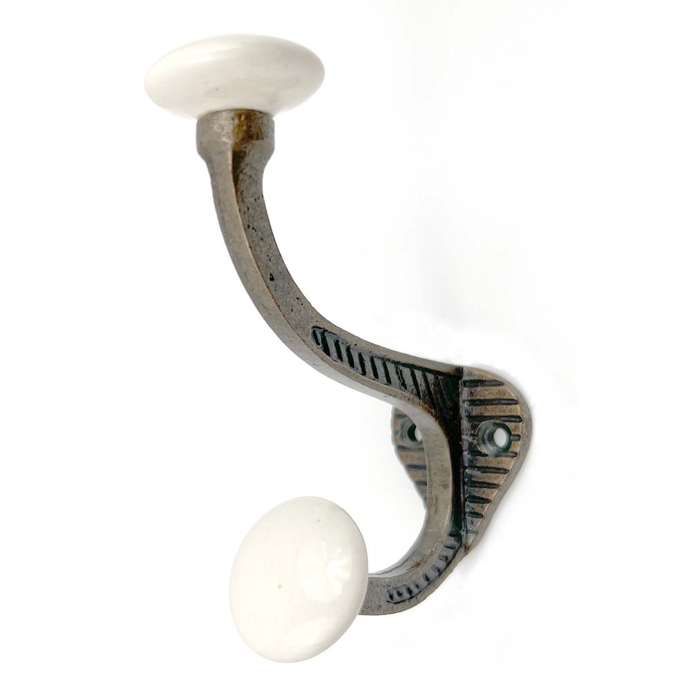 Set of Six Bronze And White Cast Iron And Ceramic Double Wall Hooks on a white background