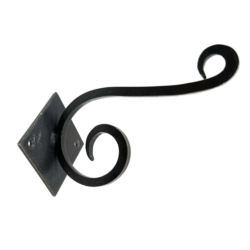 Set of Six Black Cast Iron Scroll Wall Hooks on a white background