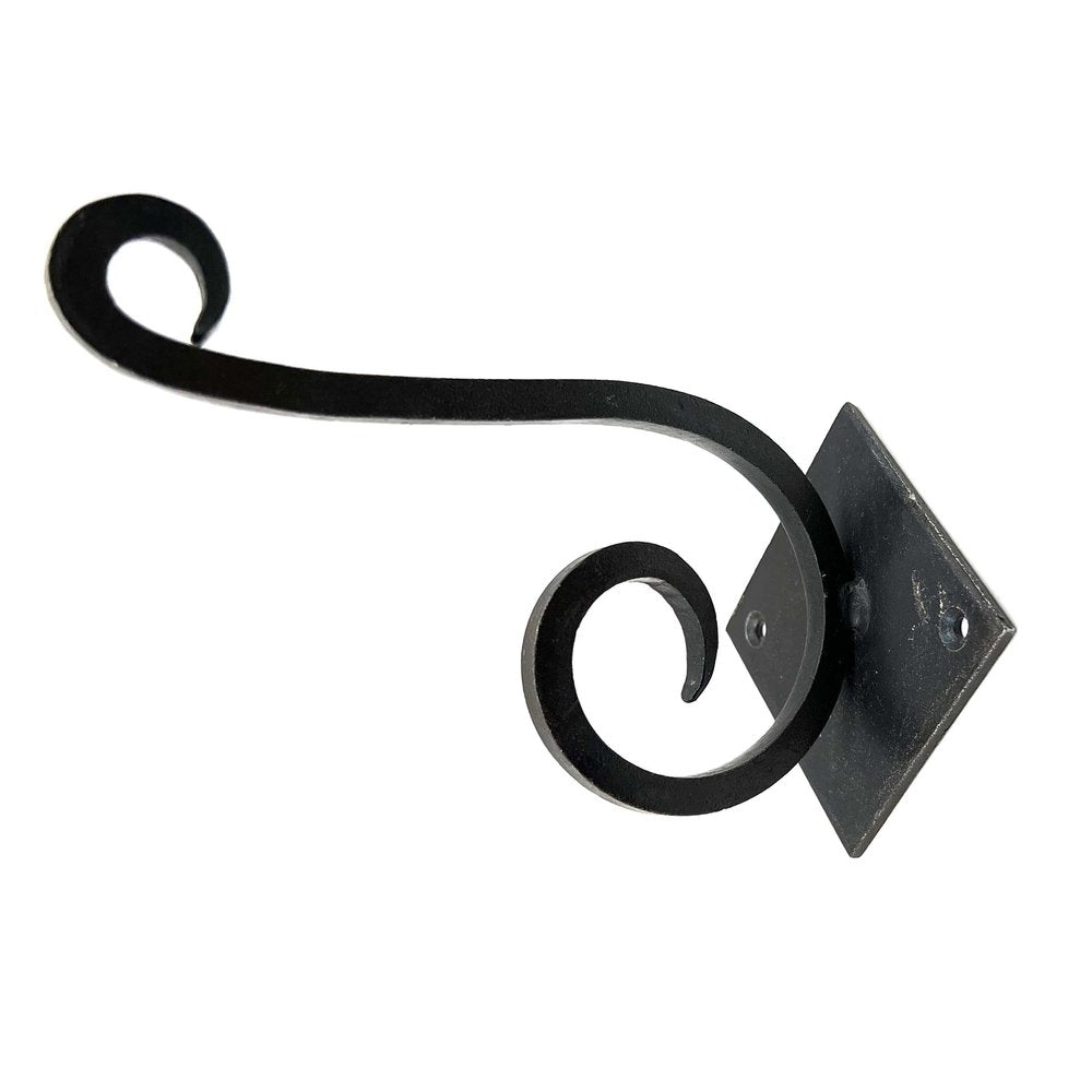 Set of Six Black Cast Iron Scroll Wall Hooks on a white background