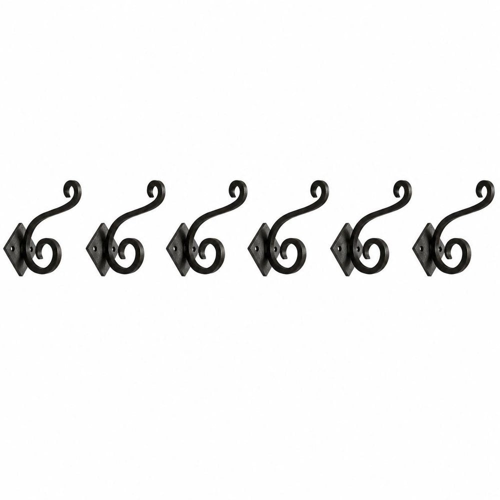 Set of Six Black Cast Iron Scroll Wall Hooks on a white background