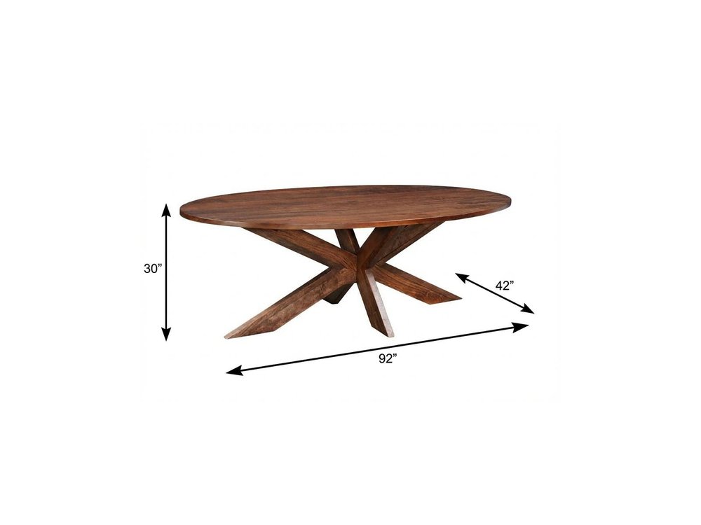 92" Brown Solid Wood Cross Leg Base Oval Dining Table on a white background