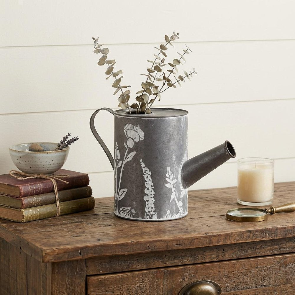 8" Gray And White Galvanized Metal Flowers Hand Painted Decorative Watering Can