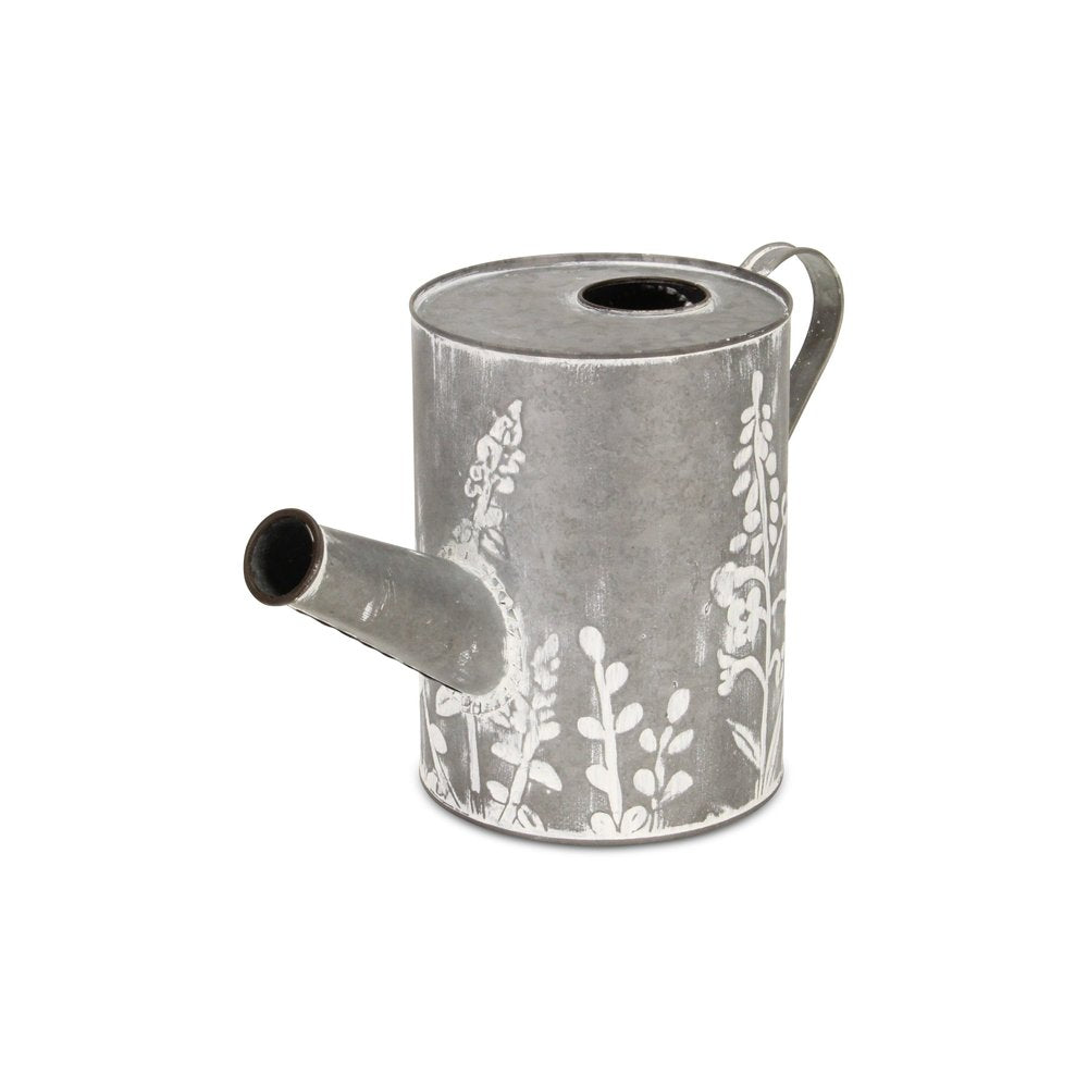 8" Gray And White Galvanized Metal Flowers Hand Painted Decorative Watering Can