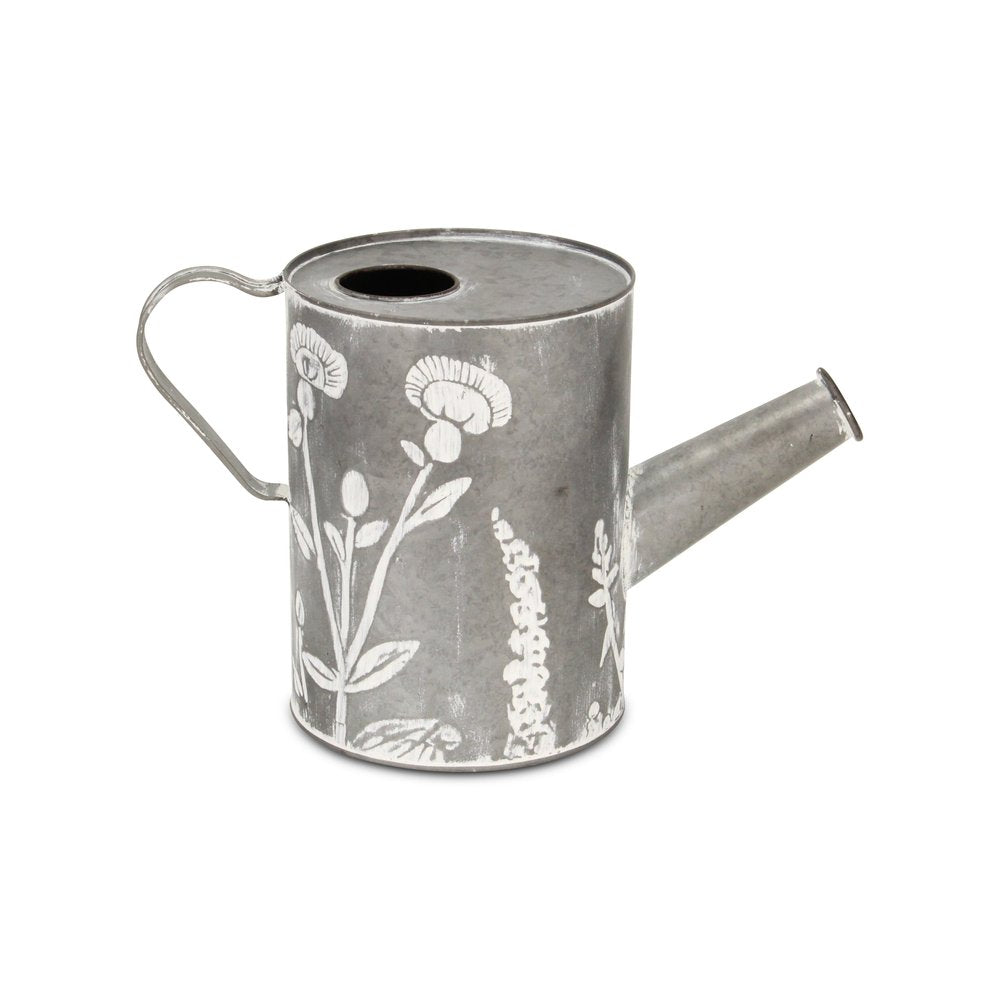 8" Gray And White Galvanized Metal Flowers Hand Painted Decorative Watering Can